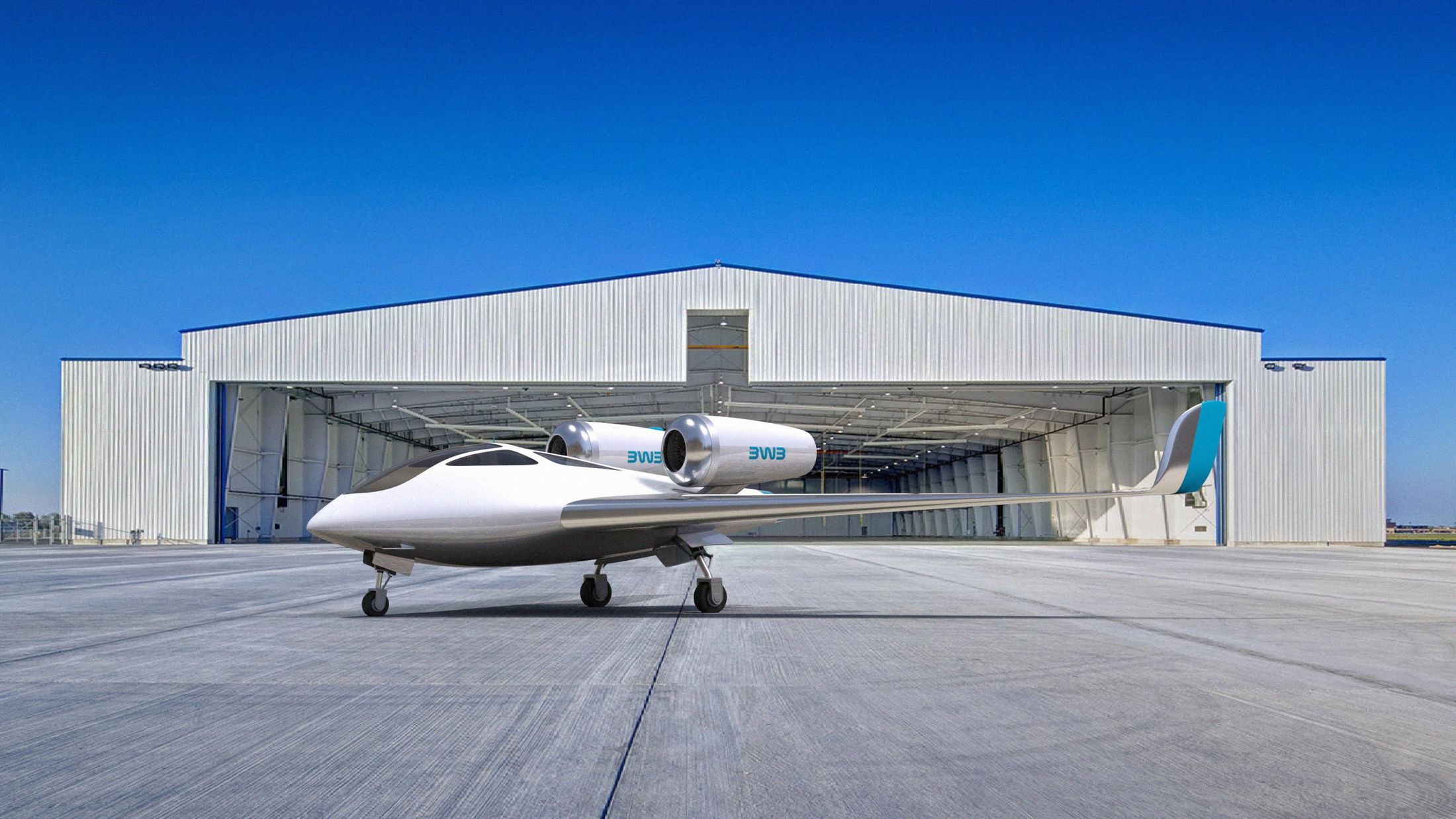 Le BWB-X devant son hangar